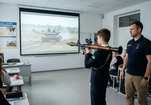 Інструктор спостерігає, як учень цілиться з навчального гранатомета по проєкції танка в умовах інтерактивного тиру