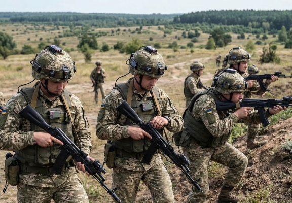 Група екіпірованих військових проводить тактичне тренування з лазерною зброєю на відкритій місцевості в умовах лісового ландшафту