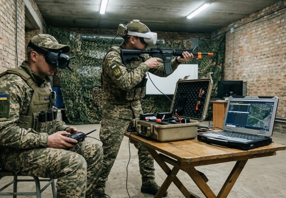 Військові оператори тренуються керувати БпЛА за допомогою пульта, VR-окулярів та спеціалізованого програмного забезпечення на ноутбуці
